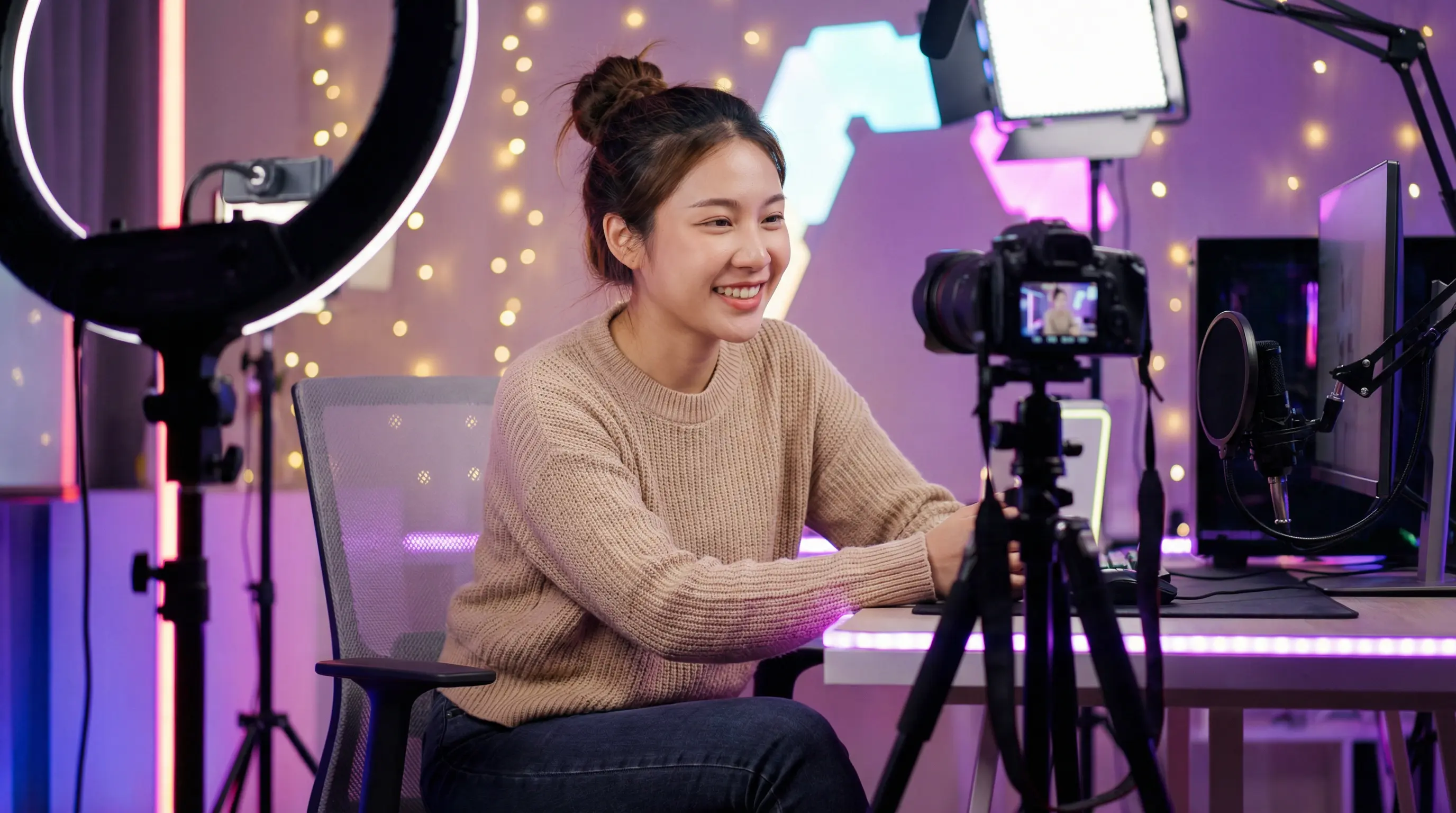 成人视频原创视频创作者在专业工作室录制视频